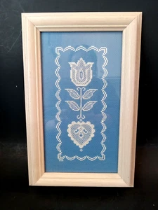 Framed Blue & White Elegant Completed Rose Heart Folk Art 9x14 Cross-Stitch - Picture 1 of 16