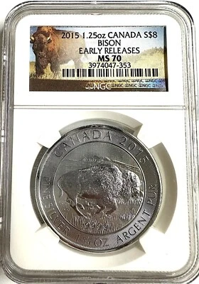 2015 Canada $8 1.25oz Fine Silver Bison NGC MS 70 Early Releases - Image 1 of 2