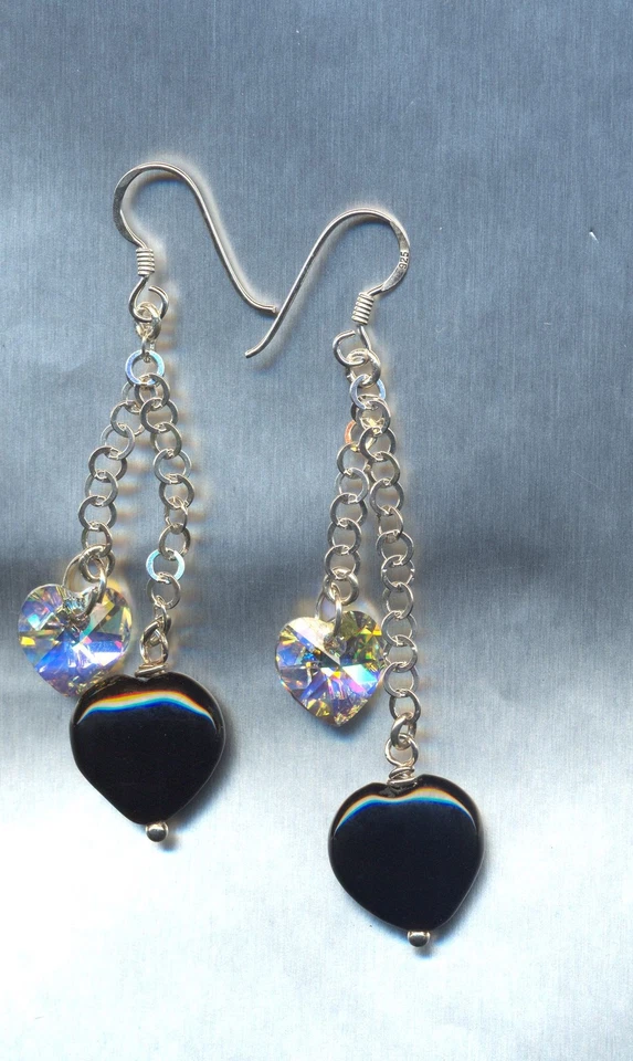 Orecchini Argento 925: onice e cuori Swarovski - Immagine 1 di 1