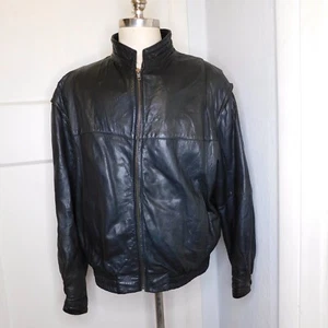 Cortefiel De Espana Sz 46 XL Black Leather Bomber Zip Jacket Coat Spain - Picture 1 of 12