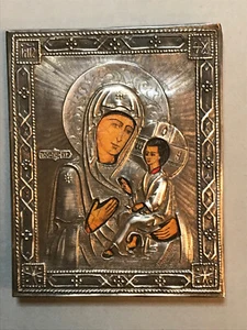 RUSSIAN 84 SILVER ORTHODOX ICON ''TIKHVINSKAYA MOTHER OF GOD" - Picture 1 of 6