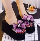 New Womens Bowknot Decor High Wedge Heel Platform Slip on Slippers Shoes