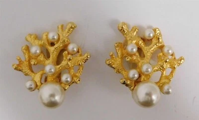 Kenneth Lane Gold Tone Coral Pearl Clip On Earrings - Image 1 of 3