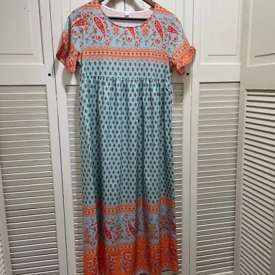 Boutique Seda Paisley Verde Azulado Naranja Maxi Vestido Pequeño Boho Foto 1 de 4