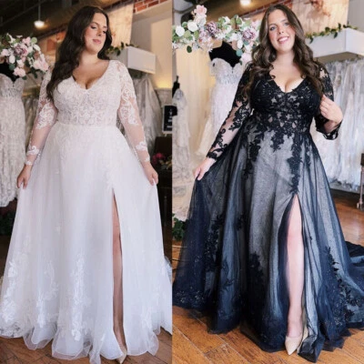 Sexy Plus Size Gothic Wedding Dresses with Side Split Long Sleeves Bridal Gowns - Image 1 of 4