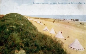 POSTCARD. SUTTON-ON-SEA. Sand Hills and Bathing Tents. 1917 Pmk to Snape Hills - Picture 1 of 2