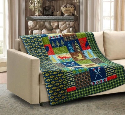 Bold Colorful LAKE & LODGE Reversible Thin Soft Quilted Throw Blanket 50x60 in - Image 1 of 2