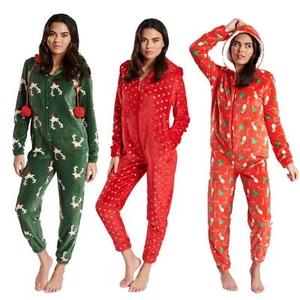 Ladies Christmas Fleece All In One Adult Womens Jumpsuit Xmas Pyjamas Size 8-22 - Picture 1 of 22