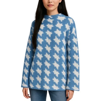 Suéter Top Ann Taylor Azul Blanco Pata de Gallo Tejido Manga Larga Cuello Embudo Talla XL Foto 1 de 4