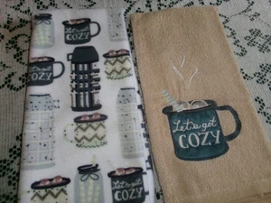 Set of 2 FULL UNCUT LET'S GET COZY COFFEE/TEA Print COTTON & POLYESTER Towels - Picture 1 of 4