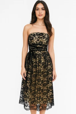 VTG Y2K Lace Gothic Corset Velvet Tie Ribbon Dress 4 Sheer Whimsigoth Nude Black - Image 1 of 4