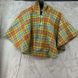 Emili Girls Small Poncho Sweater Plaid Colorful Woolen Button Front Hood - Picture 1 of 10