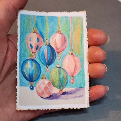 ACEO Pink Christmas Series Colored Pencil Ornaments Deckled Edges AMBER K - Image 1 of 4