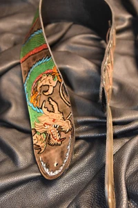 leather guitar strap custom made pearl green, tu 4" Dragons breath complete new - Picture 1 of 18