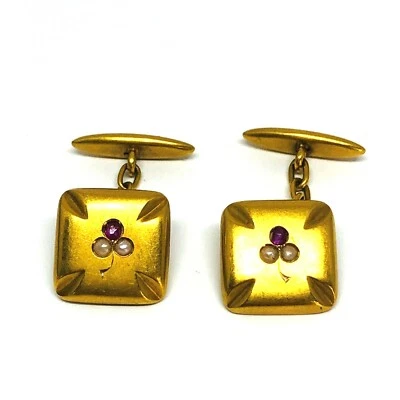 Vintage 18K Yellow Gold Pearl Ruby Square Cufflinks - Image 1 of 4