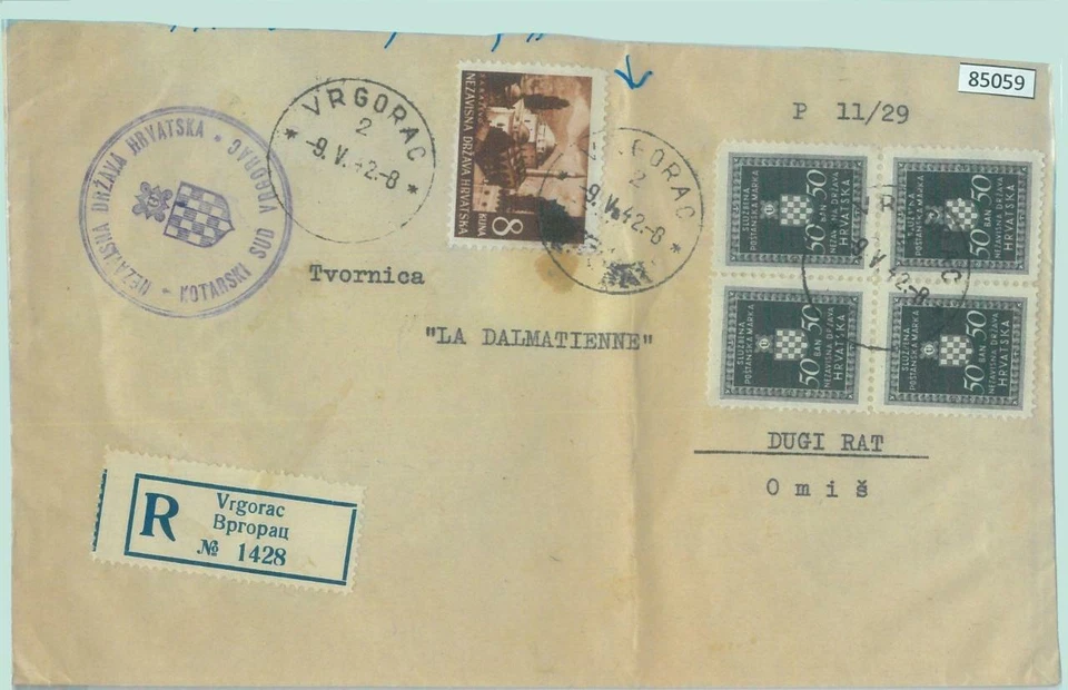 85059 - CROATIA - POSTAL HISTORY -  Mixed franking on REGISTERED COVER 1942 - Image 1 of 1