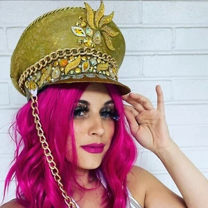 Festival Captains Hat Gold Beaded Mardi Gras Burning Man Party Costume Headpiece - Picture 1 of 10