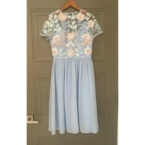 NWT Ice Blue Floral Lace Chiffon Dress Chi Chi London 6 - Picture 1 of 7