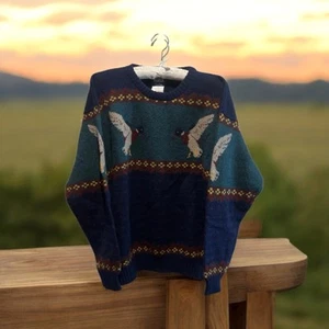 Vintage Woolrich Sweater Mens Large Navy Green 100% Wool Mallards Ducks Outdoor - Picture 1 of 8