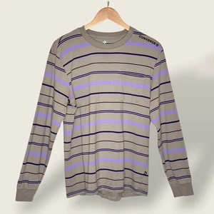 Converse Mens Striped Long Sleeve T-Shirt Pocket Top Casual Beige Purple - Picture 1 of 11