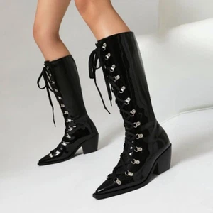 Botas hasta la rodilla para mujer charol con cordones tacones gruesos botas punta puntiaguda talla - Imagen 1 de 17