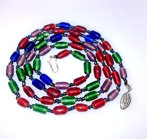 Czech Art Glass Barrel Shaped Bead Necklace Red Blue Green & Purple 31" - Picture 1 of 6