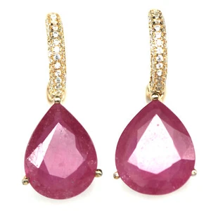 925 Sterling Silver 18K Gold Plated 11 x 14 mm. Pink Ruby & Zircon Earrings - Picture 1 of 4