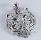 Rrp $12,500 Tiger Pendant 18ct 18k White Gold Emerald Stone Diamond