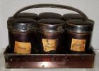 Antique Spice Tin Caddy 6 Original Japanned Tole Canisters & Carrier c.1920's