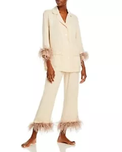 Sleeper Women's Party Ostrich Feather-Trim 2-Piece Pajama Set Beige Size Medium - Picture 1 of 1
