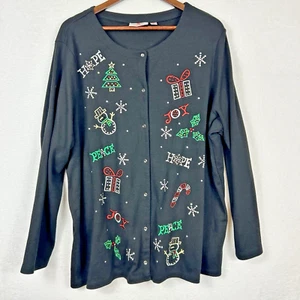 Quacker Factory Fleece Christmas Cardigan 2X Snaps Holiday Snowman Tree Holly - Picture 1 of 9