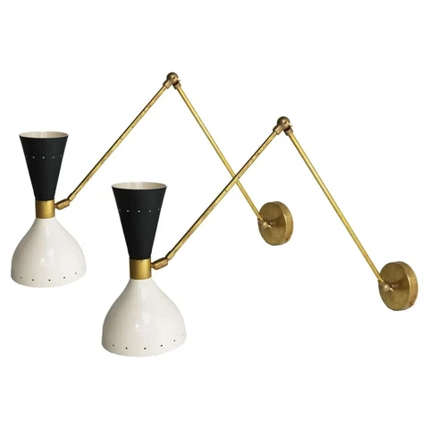 Pair of Adjustable Italian Wall Lights / Sconces 1950 Brass Black White Stilnovo Cover