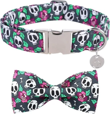 Collar grande y elegante para perro 🎀 Estampado de calavera rosa + pajarita extraíble - Hebilla de metal Foto 1 de 4