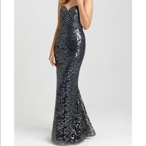 Madison James Strapless Pewter Prom Formal Dress 16 Sparkle Sexy Mermaid Flare - Picture 1 of 8