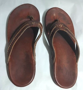Olukai Brown "Mea Ola" Men’s Leather Slide Flip Flop Sandal Sz 14 - Picture 1 of 7