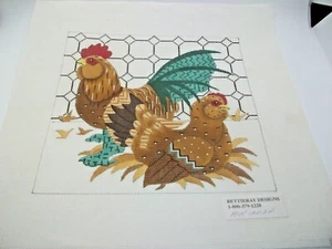  Needlepoint Fabric Canvas ROOSTER & HEN Bettieray Designs 8" x 8" design - Picture 1 of 2