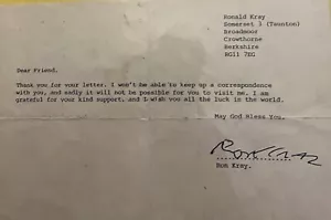 More details for ron / ronnie kray - signed letter re visit to broadmoor