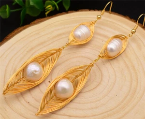 100% Handwork Natural White 9-10mm Freshwater Pearl Earrings 14k Filled Gold  - Picture 1 of 3