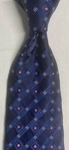 IKE BEHAR 100% USA HAND-TAILORED WOVEN NECKTIE INDIGO SILVER PLAID BLACK FIELD - Picture 1 of 4