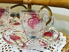 2 Soga Floral Cups Saucers Set Vintage Elegant Clear Dinner Glassware Japan Lot 