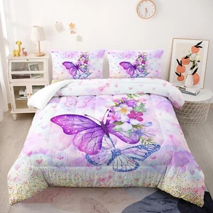 Violet Butterfly Comforter Set Queen Size 3 Pieces Bedding Set for Kids Teen ... - Picture 1 of 7