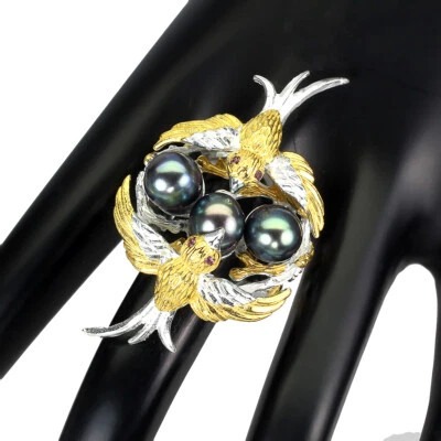 925 Sterling Silver Ring Pearl Black Tahitan Color Rhodolite Gemstone Jewelry - Image 1 of 4