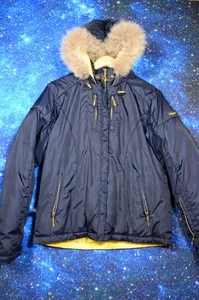 Baby Phat Jacket Womens Large Blue Hooded Down Puffer Coat Coyote Fur Trim Warm - Picture 1 of 11