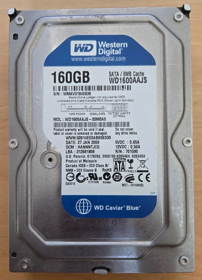 WESTERN DIGITAL WD1600AAJS-00M0A0 160GB RECERTIFIED SATA/8MB CACHE USED - Image 1 of 1