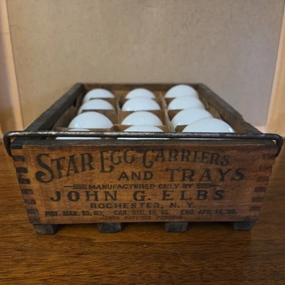 Antique Star Egg Carrier Dozen Crate 1906 w/ a Dozen Hand Blown Milk Glass Eggs  - Image 1 of 4