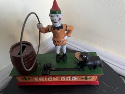 Vintage Cast Iron Mechanical Money Box Coin Bank Circus Trick Dog & Clown Act - Image 1 of 4