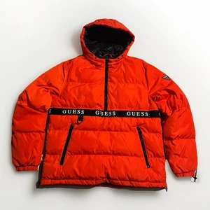 Guess Originals Puffer Anorak Jacket Orange Black Logo Strap Hooded Size L - Picture 1 of 11