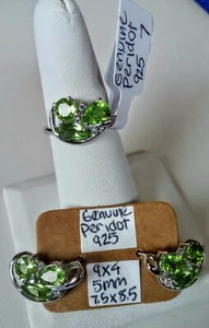 NEW SET! Genuine Peridot Cluster Ring & Earrings .925 Sterling Silver - Picture 1 of 2