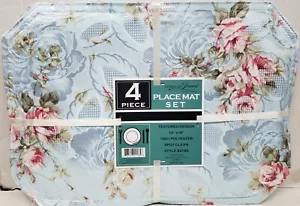 JUEGO DE 4 MANTELES SUAVES DE TELA (13"" x 18") ROSAS TEXTURIZADAS FLORES EN AZUL, AL - Imagen 1 de 14