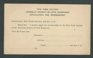 Tarjeta de solicitud de membresía de la Sociedad Americana de Ingeniería Civil de Nueva York Ca 1915 - Imagen 1 de 1